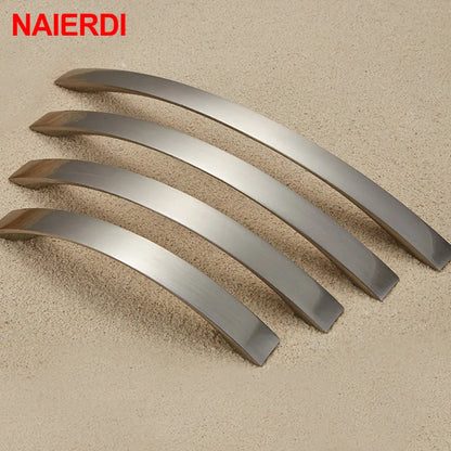 Four curved brushed metal cabinet handles arranged diagonally on a textured beige background, with the brand name NAIERDI in red text in the top-left corner.