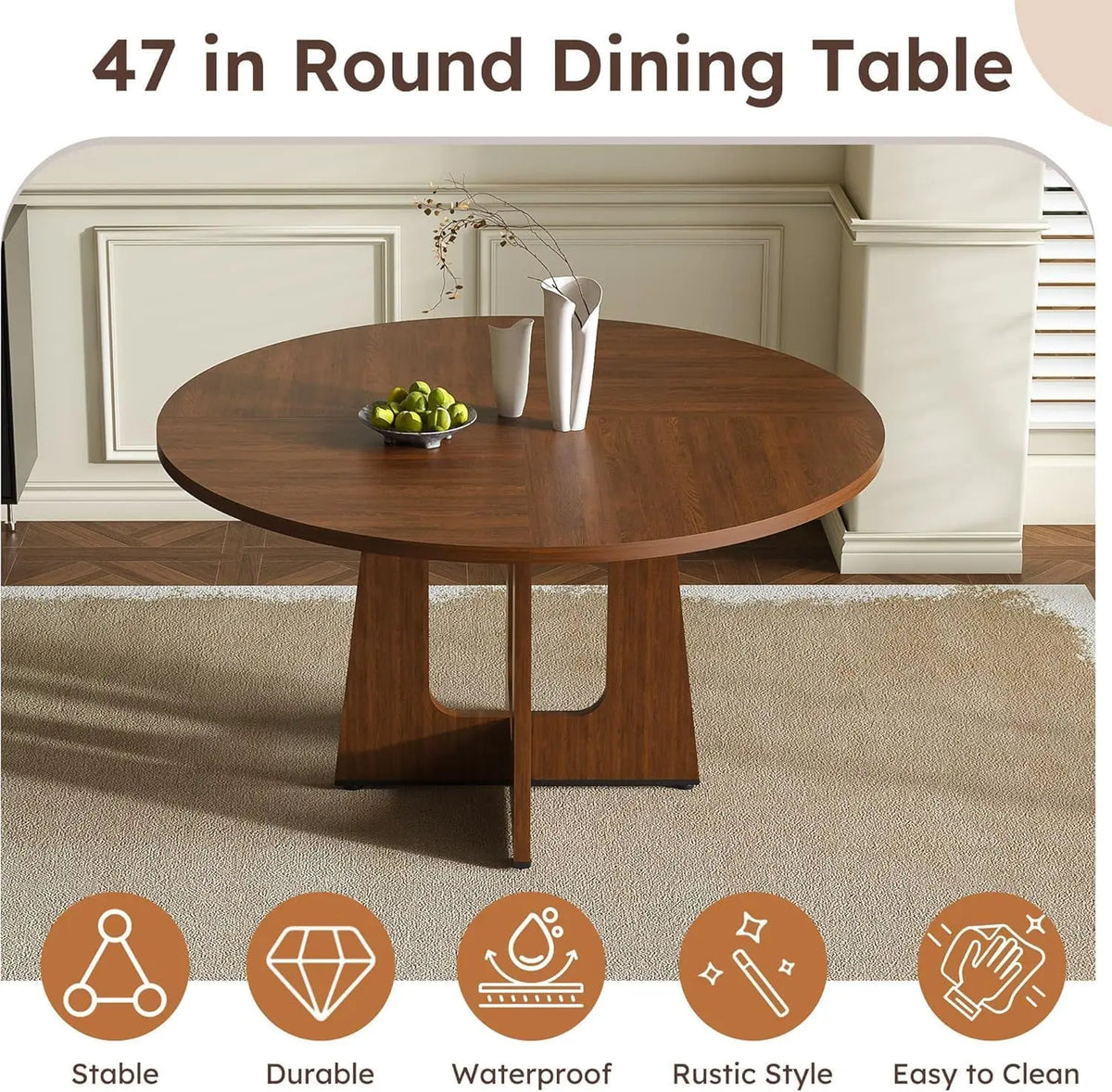 Round wooden dining table with decorative items in a room setting, featuring stability, durability, water resistance, rustic style, and ease of cleaning icons.
