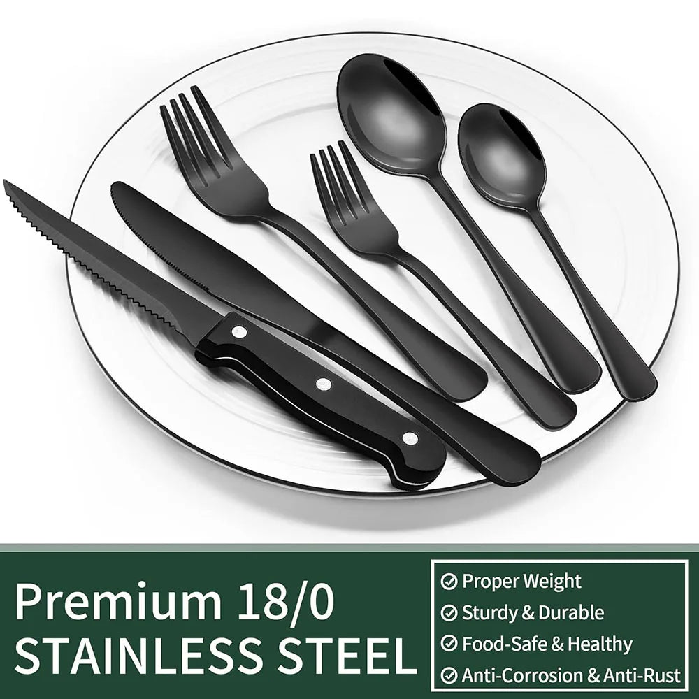 Matte Black Stainless Steel Flatware Set — 24-Piece Modern Cutlery