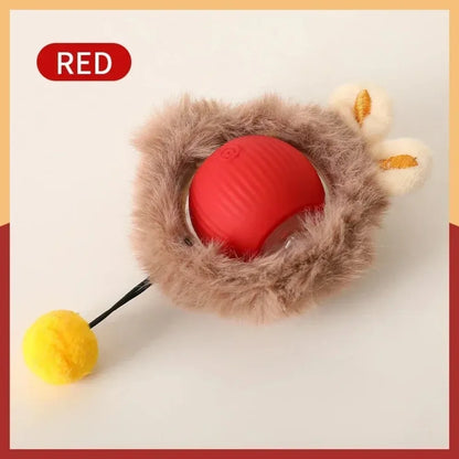 Red ball with fluffy brown cover and yellow pom-pom on a white  background cat toy