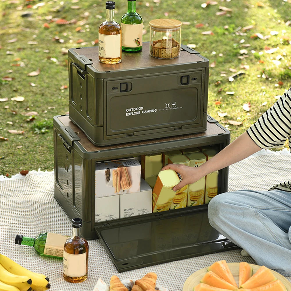 30L Folding Camping Box with Wooden Lid - Stackable Car Trunk Organizer