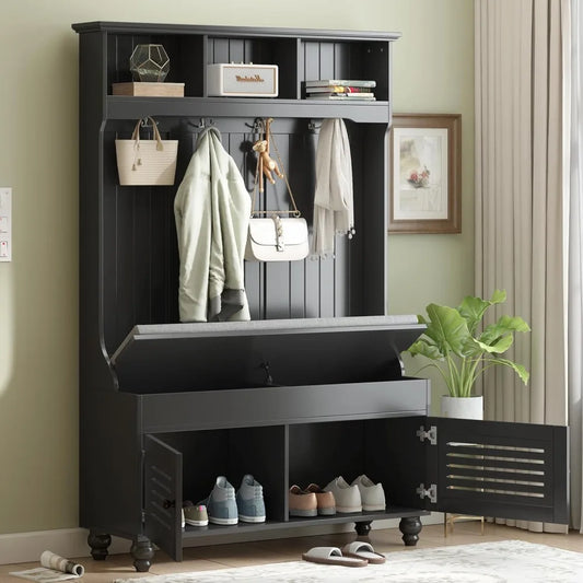 5-in-1 Hall Tree with Shoe Bench, Coat Hooks, and Farmhouse Style Storage