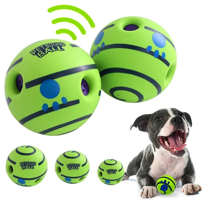 Green dog toy ball with 'Pet Sound Ball' branding, shown with a dog on a white background.