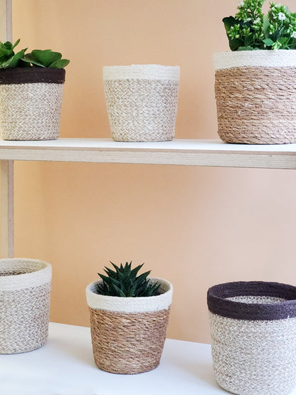 Bohemian Woven Plant Basket for Indoor Plants - Natural & White