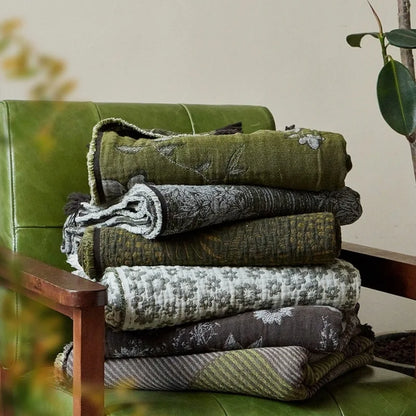 Vintage Jacquard Cotton Throw Blanket with Tassel Fringe