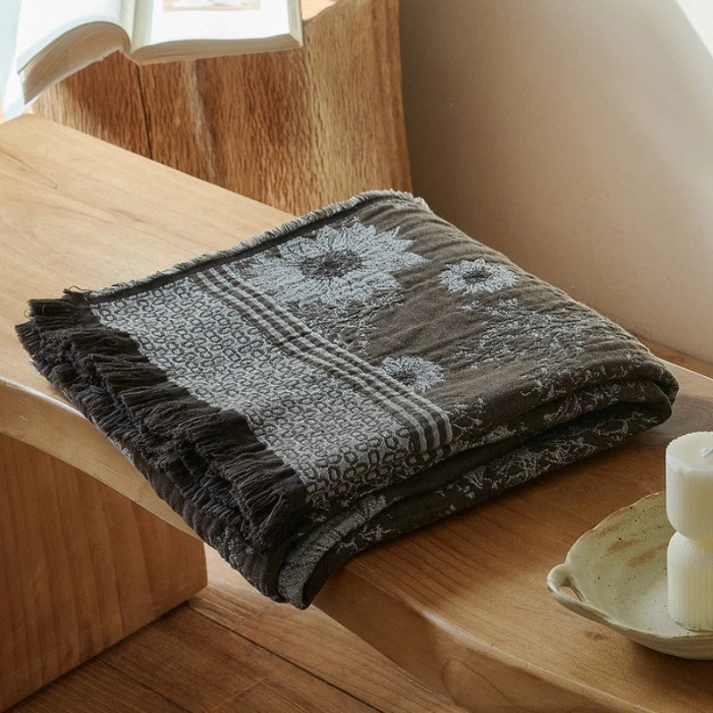 Vintage Jacquard Cotton Throw Blanket with Tassel Fringe