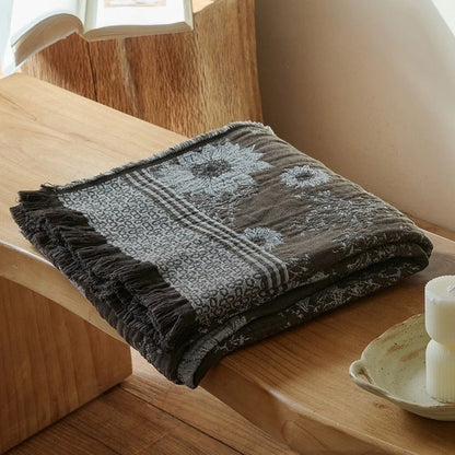 Vintage Jacquard Cotton Throw Blanket with Tassel Fringe