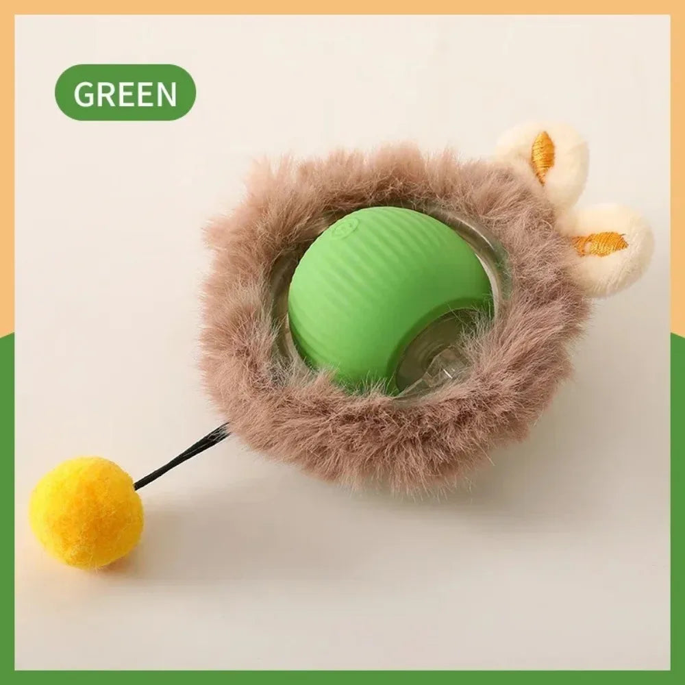 Cat toy with green ball, brown furry handle, and yellow end on a white background cat toy