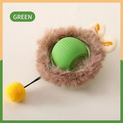 Cat toy with green ball, brown furry handle, and yellow end on a white background cat toy
