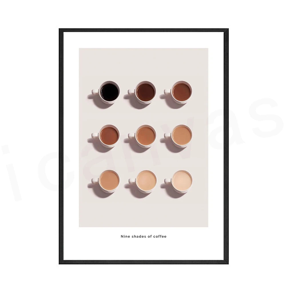 Poster with nine coffee cups in different shades of brown on a beige background