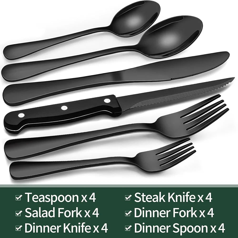 Set of black cutlery including teaspoons, steak knives, salad forks, dinner forks, and dinner spoons on a white background.