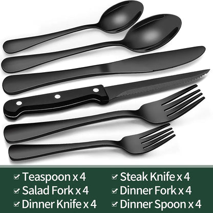 Set of black cutlery including teaspoons, steak knives, salad forks, dinner forks, and dinner spoons on a white background.
