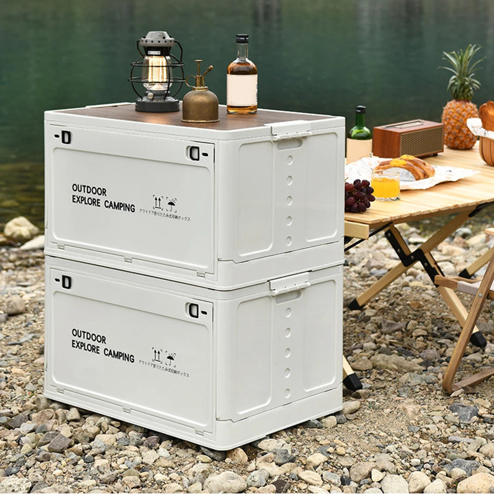 30L Folding Camping Box with Wooden Lid - Stackable Car Trunk Organizer