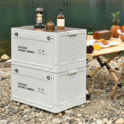 30L Folding Camping Box with Wooden Lid - Stackable Car Trunk Organizer