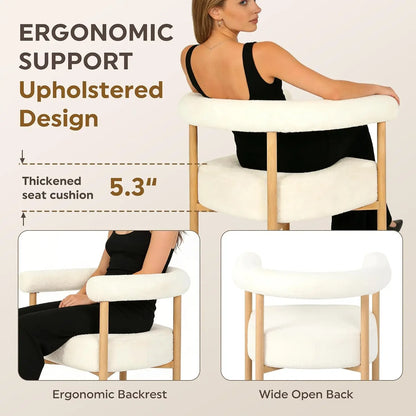 An upholstered wooden chair with a thick cream seat cushion and curved backrest, shown with a woman seated in a studio-style promotional graphic. Text highlights ergonomic support, thickened 5.