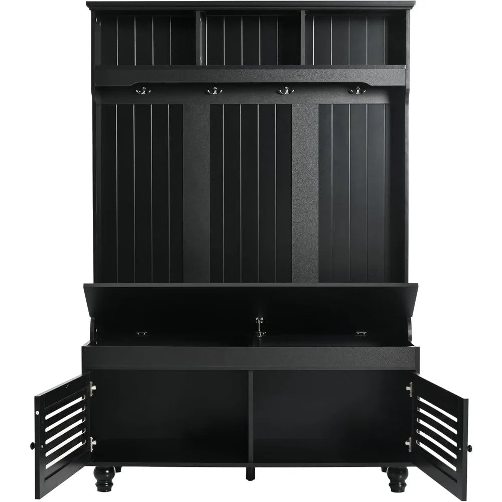 5-in-1 Hall Tree with Shoe Bench, Coat Hooks, and Farmhouse Style Storage