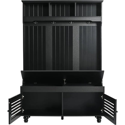 5-in-1 Hall Tree with Shoe Bench, Coat Hooks, and Farmhouse Style Storage