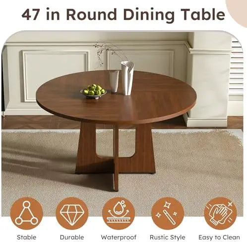 Walnut-finished round dining table showing thick tabletop, metal connectors, geometric base, and adjustable foot pads.