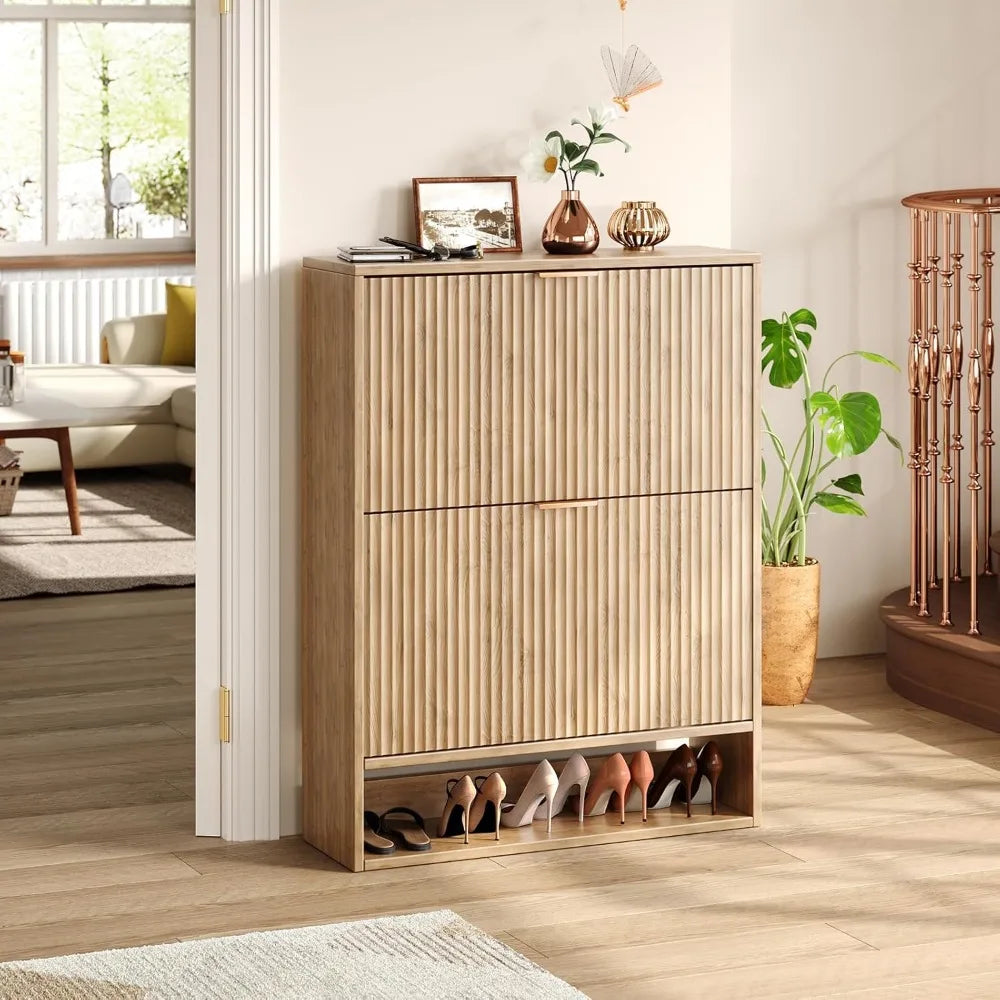 31.5''W Oak Shoe Storage Cabinet for Entryway With 2 Flip Drawers