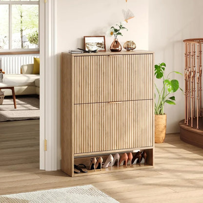 31.5''W Oak Shoe Storage Cabinet for Entryway With 2 Flip Drawers