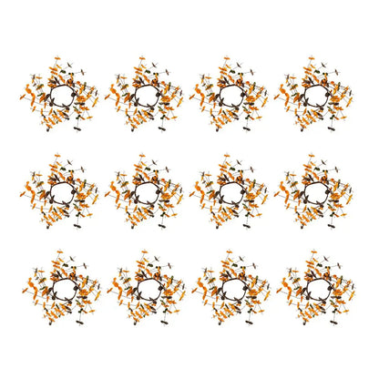 A repeating pattern of nine circular floral wreaths arranged in a 3x3 grid on a plain white background. Each wreath features orange and yellow flowers with dark green leaves and black stems.