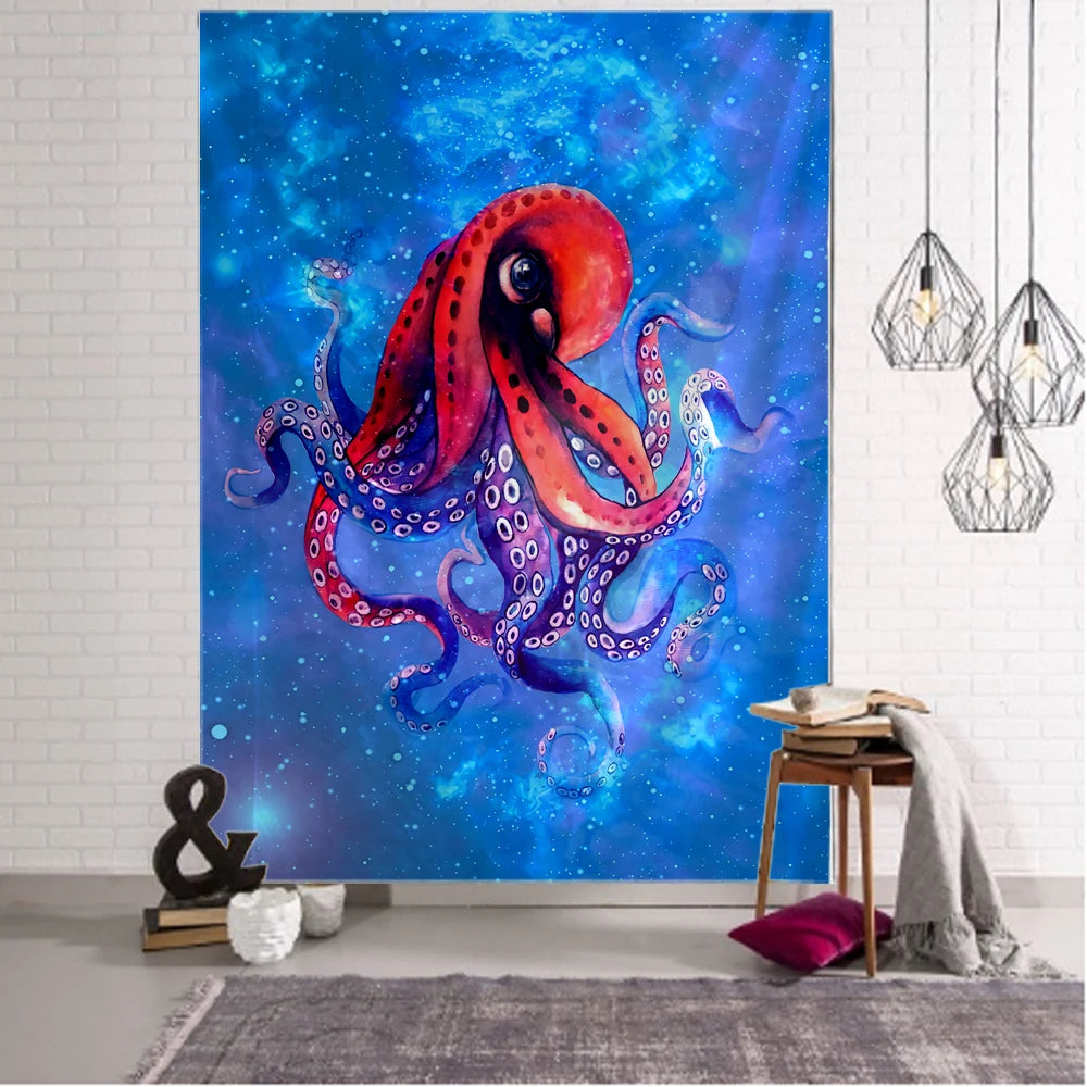 Octopus Pattern Tapestry – Boho Hippie Wall Hanging, Ocean-Inspired Decor