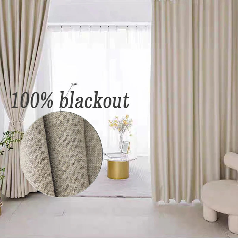 Beige blackout curtains with a close-up of fabric texture in a room setting.