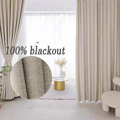 Beige blackout curtains with a close-up of fabric texture in a room setting.