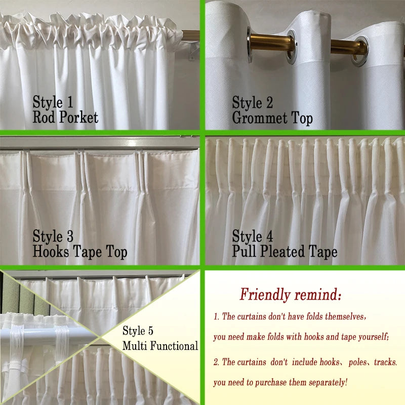 Collage of white curtains with different top styles and a reminder note.