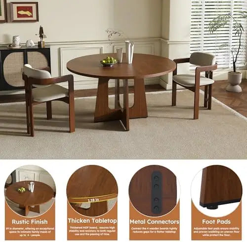 A round wooden dining table with three matching armchairs in a bright dining room. The image includes four circular detail callouts at the bottom highlighting features such as rustic finish, thick tabletop, metal connectors, and foot pads.