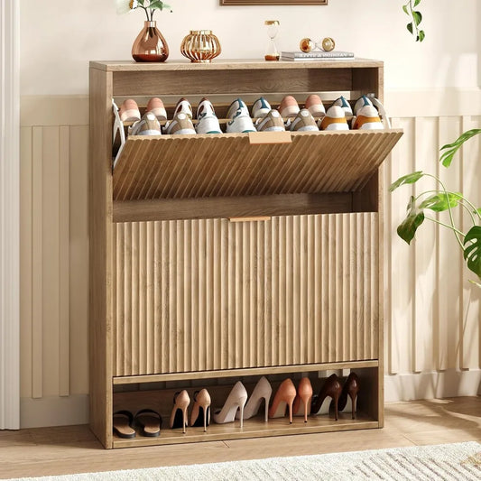 31.5''W Oak Shoe Storage Cabinet for Entryway With 2 Flip Drawers