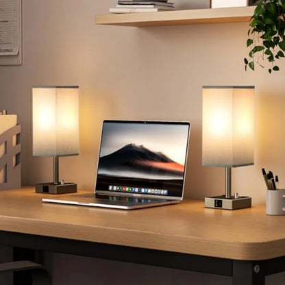 Sleek Charging Nightstand Lamps Set – Textured Fabric Shade with Built-In AC Outlets