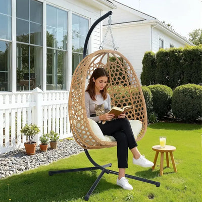 Rattan Egg Chair with Stand — Cushioned Hanging Swing