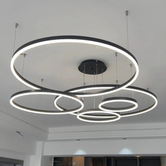 Modern chandelier with circular design on a ceiling