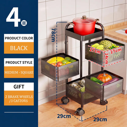 Four-tiered black metal storage cart with measurements and product details on a kitchen floor.