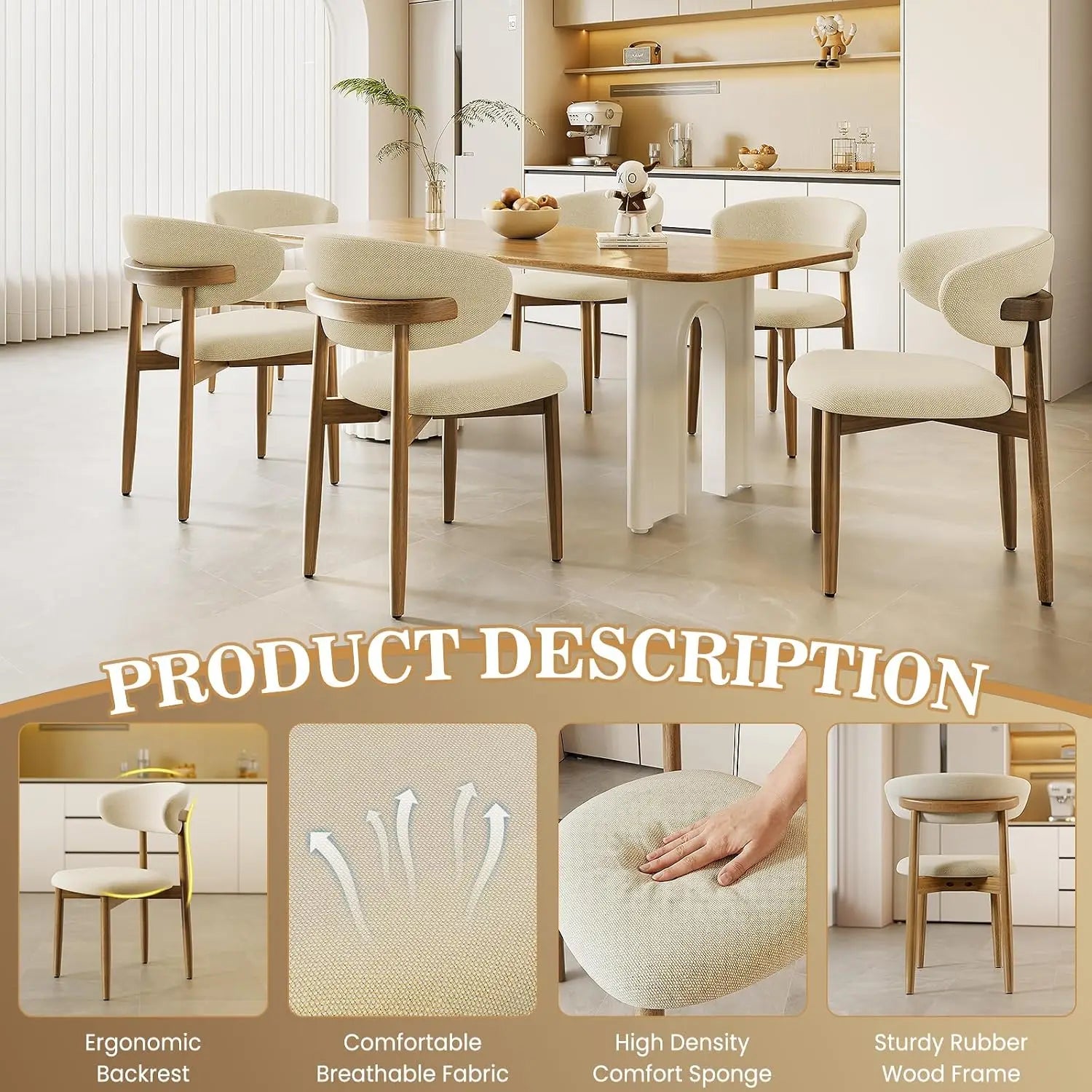 Beige dining chair showing curved ergonomic backrest, breathable upholstered fabric and high-density seat cushioning.