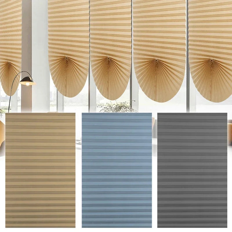 Three color swatches of pleated window blinds in beige, blue, and gray.