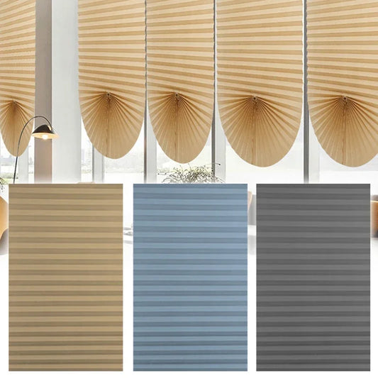 Three color swatches of pleated window blinds in beige, blue, and gray.
