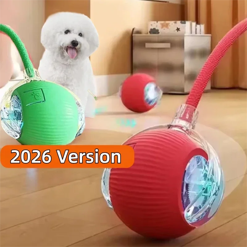 Two dog toys, one green and one red, with LED lights on a wooden floor.