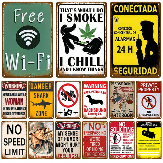 Collection of various humorous and warning signs.