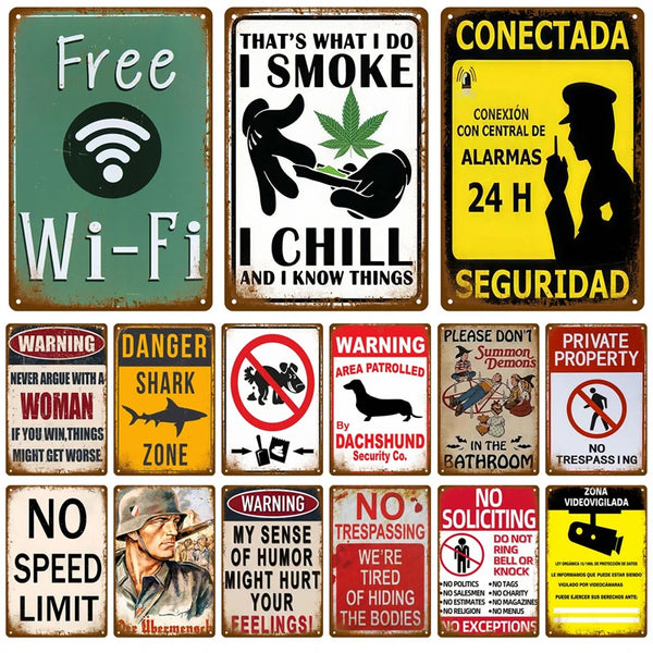 Collection of various humorous and warning signs.