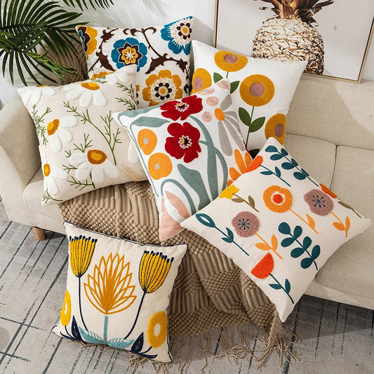 Boho Floral Embroidered Pillow Cover, 18"x18"