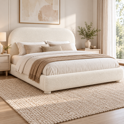 Cream Bouclé Upholstered Platform Bed with Curved Headboard