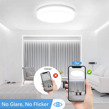Modern living room with a ceiling light fixture, smartphone app comparison, and 'No Glare, No Flicker' text.