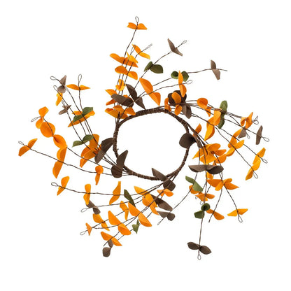 Decorative wreath with orange and brown leaves on a white background