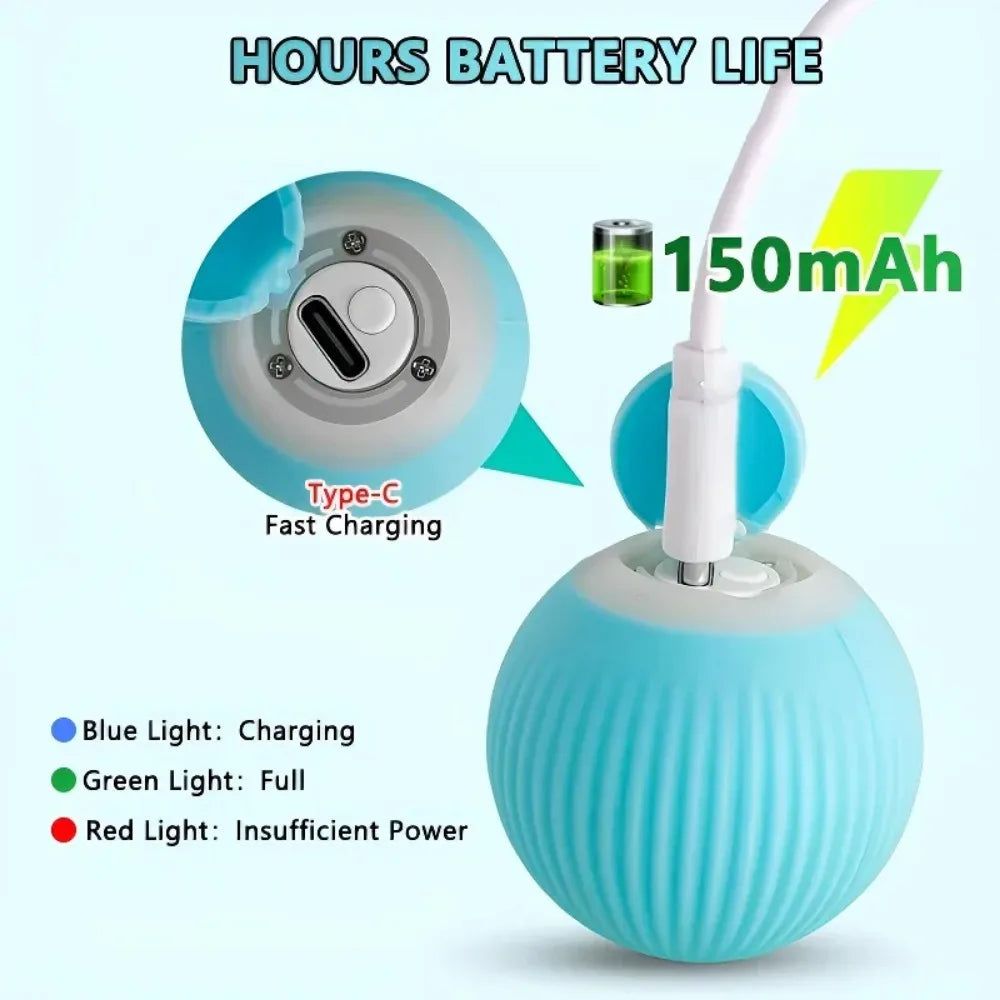 Blue spherical device with charging cable, battery indicator, and text about battery life and charging method.