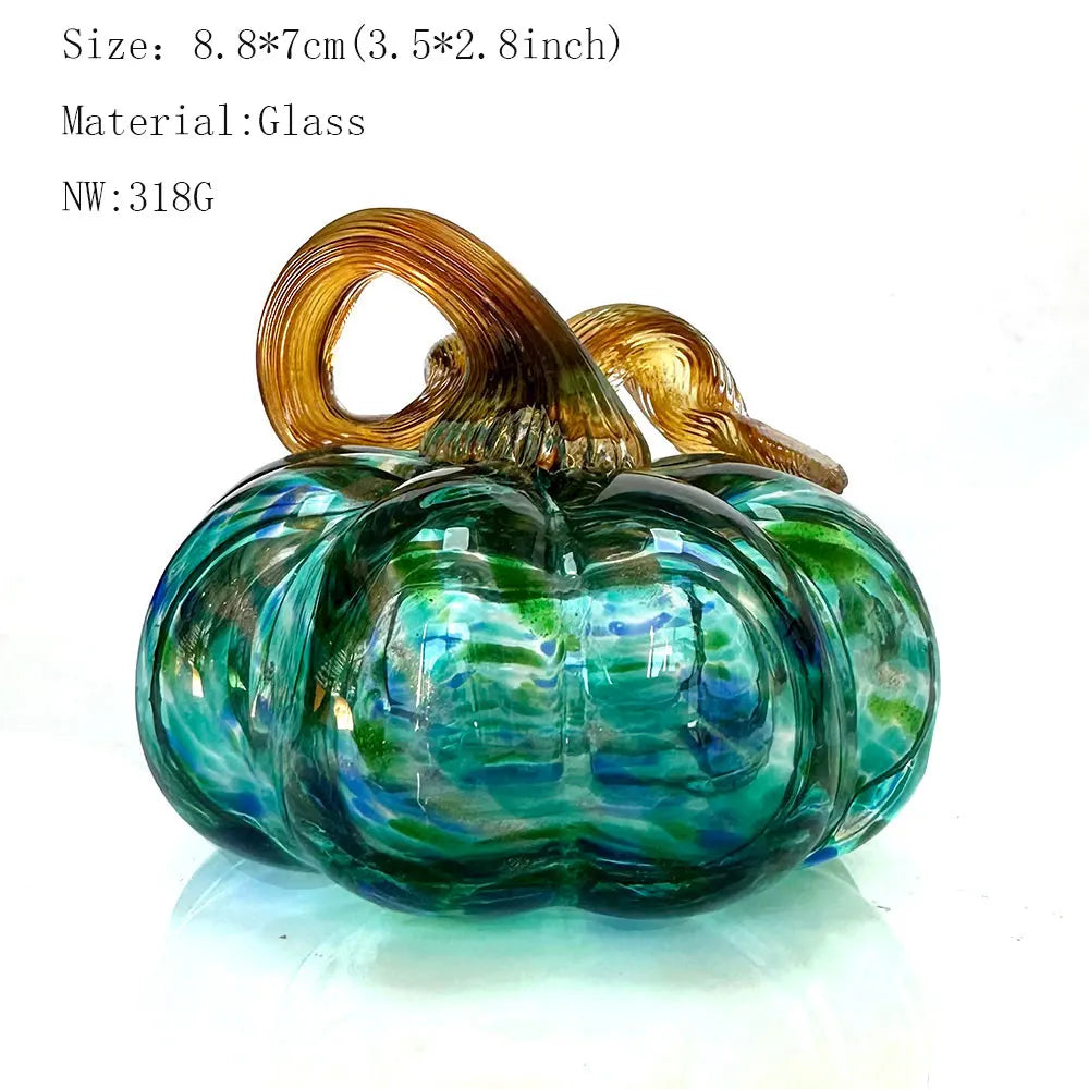 Artisan Handblown Glass Pumpkin – Sea Green &amp; Amber Spiral Stem