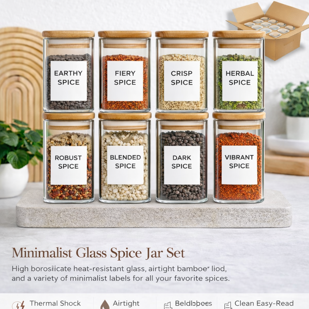 8oz Glass Spice Jars with Bamboo Lids & Labels | Minimalist Kitchen Organizer Set