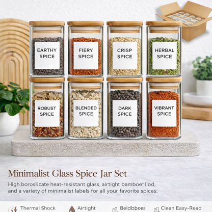 8oz Glass Spice Jars with Bamboo Lids & Labels | Minimalist Kitchen Organizer Set