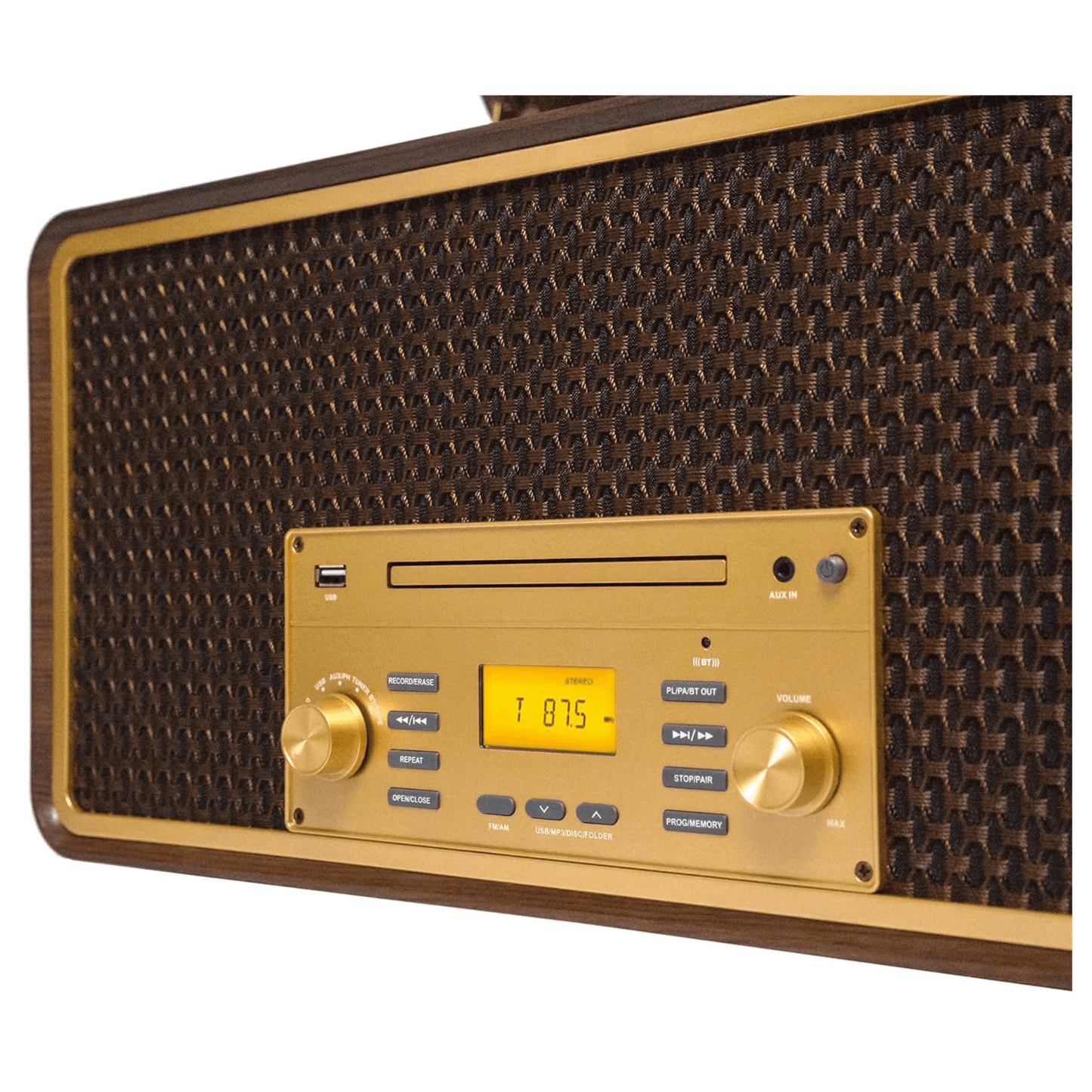 Monument 8-in-1 Wood Music Center Record Player Bluetooth CD Cassette Vinyl Radio